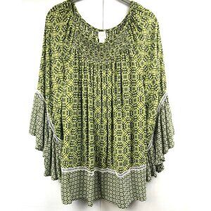Chicos Top Blouse Large Green Peasant Hippie Ruffle Paisley Bohemian Mixed Print